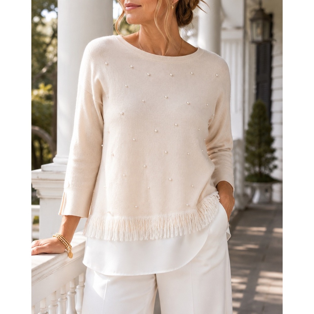 Tyler Boe 100% Cashmere Pearl Fringe Layered Tunic Sweater Ivory XL Luxury